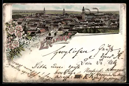 Lithographie Erlangen, Stadtansicht mit Kirchen und Fabrikschornsteinen