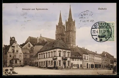 AK Oschatz, Altmarkt und St. Aegidienkirche, Strassenecke, Panorama