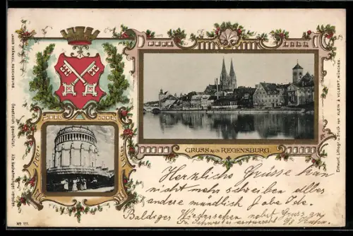 Passepartout-Lithographie Regensburg, Dom, Steinerne Brücke, Walhalla, Wappen