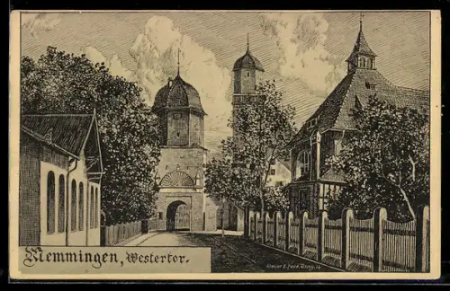 Künstler-AK Eugen Felle: Memmingen, Westertor, Panorama mit Türmen