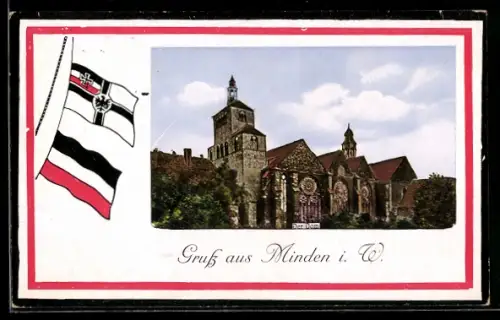Grusskarten-AK Minden i. W., Dom, Kriegsflagge, Rahmen in Nationalfarben