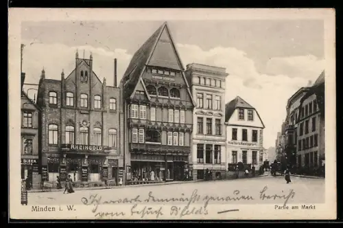 AK Minden i. W., Partie am Markt, mit Café Rheingold u. Kleiters Restaurant