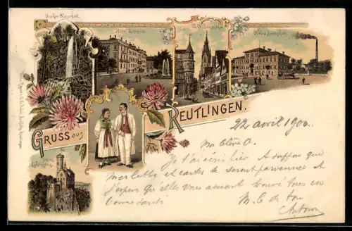 Lithographie Reutlingen, Wasserfall, Hotel Kronprinz, Web- u. Spinnschule, Trachtenpaar