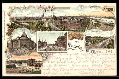 Lithographie Ludwigshafen a. Rh., Bahnhof, Post, Rheinbrücke