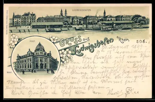 Lithographie Ludwigshafen a. Rhein, Stadtpanorama mit Ufergebäuden u. Dampfer, Postamt