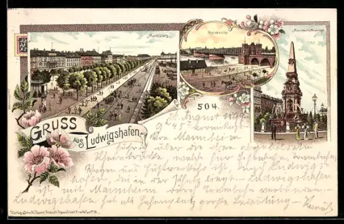 Lithographie Ludwigshafen, Marktplatz, Rheinbrücke, Monumentalbrunnen