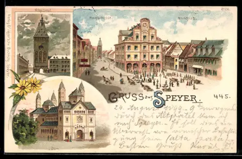 Lithographie Speyer, Dom, Altpörtel, Hauptstrasse u. Marktplatz