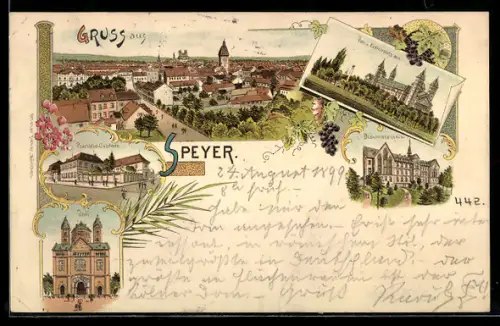 Lithographie Speyer, Dom, Präsidial-Gebäude, Diakonissenhaus