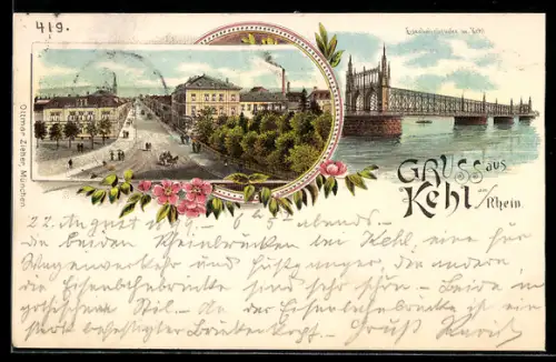 Lithographie Kehl, Eisenbahnbrücke, Strassenpartie mit Ortspanorama