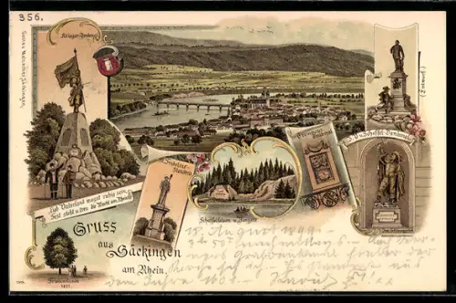 Lithographie Bad Säckingen am Rhein, Krieger-Denkmal, St. Fridolins-Statue, Trompeter-Grabmal