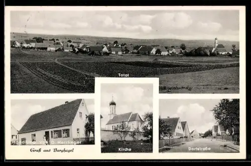 AK Burghagel, Handlung D. Herrlinger, Totalansicht, Kirche, Dorfstrasse