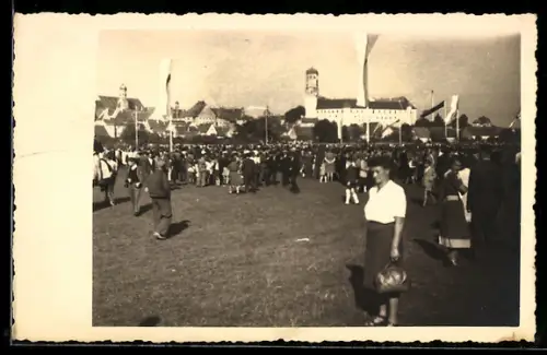 Foto-AK Dillingen /Donau, Tierschauausstellung, Menschenmenge, Fahnen, Schloss im Hintergrund