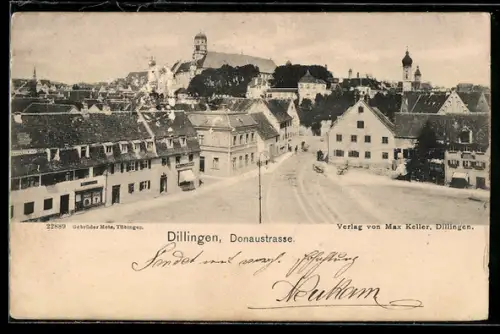 AK Dillingen, Donaustrasse mit Platz u. Ortspanorama aus der Vogelschau