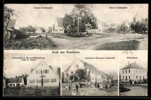 AK Gremheim, Schmiede-Spezereihandlung A. Mahr, Gasthaus Kreszenz Schrettle, Pfarrhaus, Ortspartien