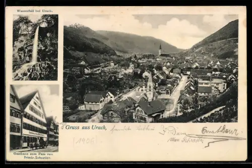 AK Bad Urach, Gasthaus zum Fass von Friedr. Schneller, Gesamtansicht, Wasserfall