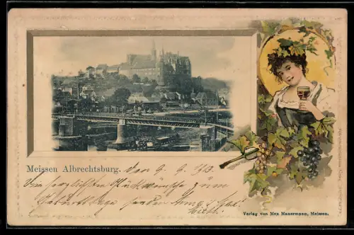 Passepartout-Lithographie Meissen, Albrechtsburg mit Brücke, Weinkönigin