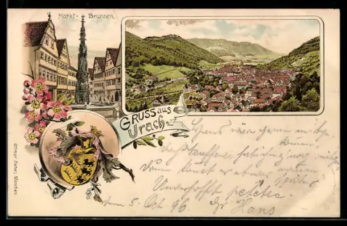 Lithographie Urach, Markt-Brunnen, Gesamtansicht, Wappen