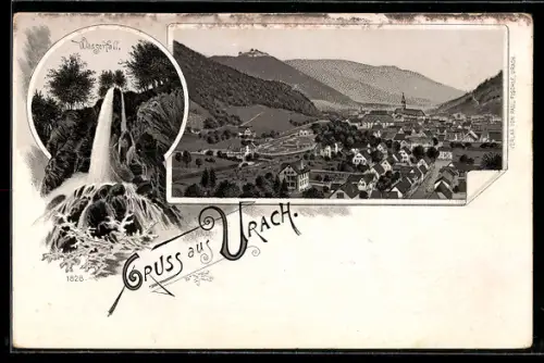 Lithographie Urach, Wasserfall, Ortsansicht mit Berganorama