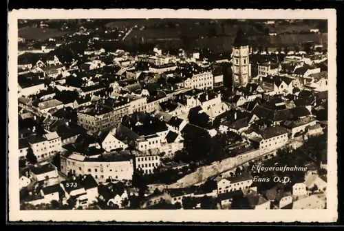 AK Enns, Stadtpanorama mit Kirche, Fliegeraufnahme