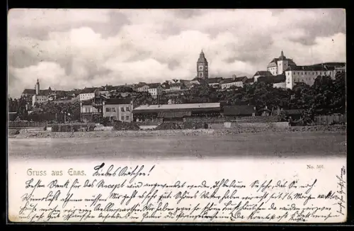 AK Enns, Panorama mit Ufer und Stadt