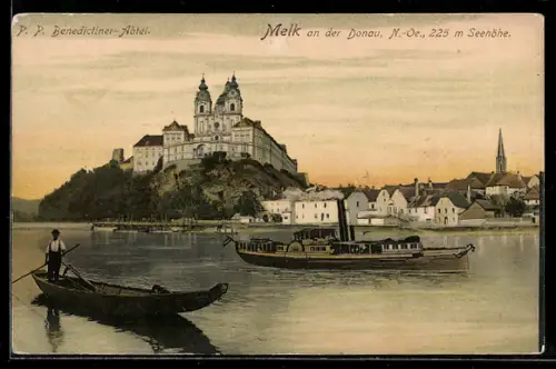 AK Melk an der Donau, Benediktinerstift, Ortspanorama, Frachtkahn, Dampfer