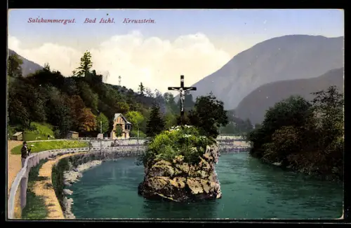 AK Bad Ischl, Ortspartie am Kreuzstein