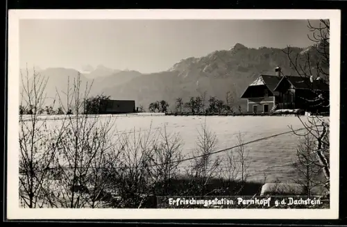 AK Bad Goisern, Erfrischungsstation Pernkopf gegen den Dachstein im Winter