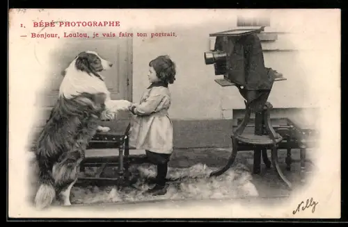 AK Junger Fotograf bereitet das Porträt seines Hundes vor, Fotoapparat