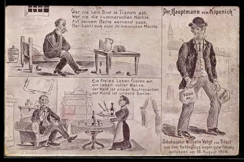 AK Berlin, Der Hauptmann von Köpenick, Schuhmacher Wilhelm Voigt aus Tilsit mit Geldsäcken