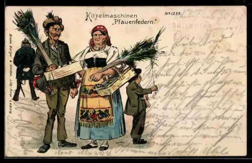 Künstler-AK Bruno Bürger & Ottillie Nr. 1259: Familie verkauft auf der Strasse Pfauenfedern
