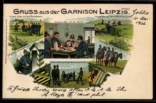 Künstler-AK Bruno Bürger & Ottillie Nr. 3125: Soldaten der Garnison Leipzig auf der Wache und am Schiessstand