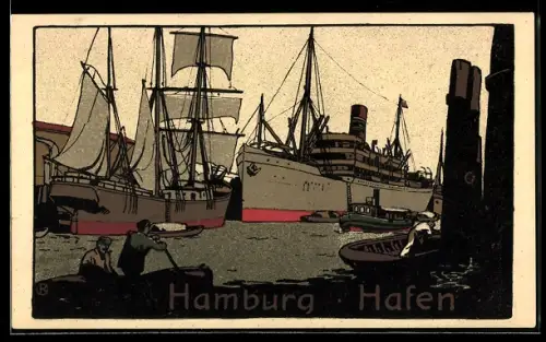 Steindruck-AK Hamburg, Schiffe im Hafen