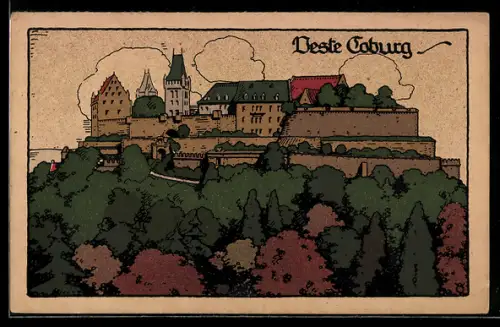 Steindruck-AK Coburg, Veste über dem Wald gelegen