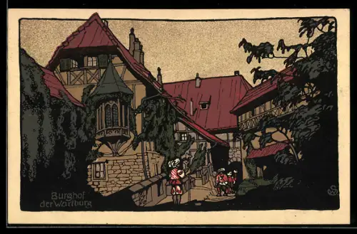 Steindruck-AK Burghof der Wartburg