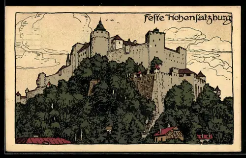 Steindruck-AK Salzburg, Feste Hohensalzburg, Panoramablick