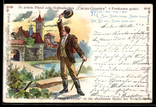 Lithographie Wanderer verabschiedet sich von der Stadt, Camping