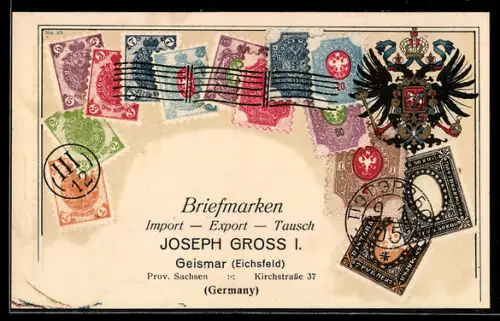 Lithographie Briefmarken verschiedener Werte, Adler Wappen, Briefmarken Import, Export & Tausch Joseph Gross