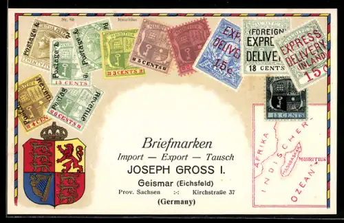 AK Mauritianische Briefmarken und Wappen, Karte, Briefmarken Import, Export & Tausch Joseph Gross