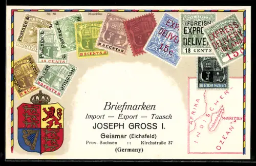 AK Mauritius, Mauritianische Briefmarken und Wappen, Briefmarken Import, Export & Tausch Joseph Gross