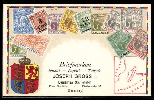 Präge-AK Briefmarken Mauritius, Wappen, Landkarte, Briefmarken Import, Export & Tausch Joseph Gross