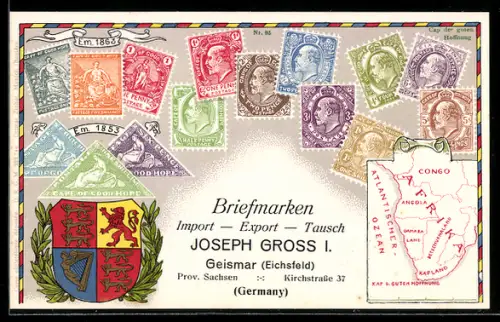 AK Briefmarken und Wappen vom Kap der Guten Hoffnung, Landkarte Afrika, Briefmarken Import, Export & Tausch Joseph Gross