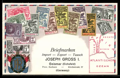 AK Briefmarken aus Dahomey, Wappen, Briefmarken Import, Export & Tausch Joseph Gross