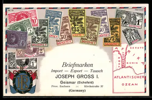 AK Briefmarken aus Dahomey mit Wappen, Briefmarken Import, Export & Tausch Joseph Gross