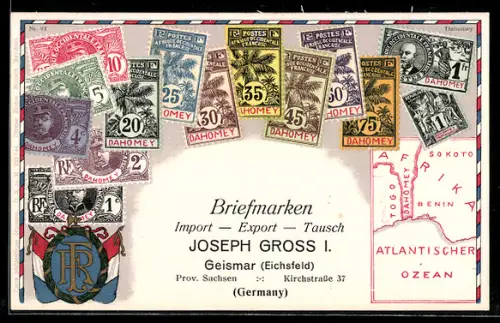 AK Briefmarken aus Dahomey mit Wappen, Briefmarken Import, Export & Tausch Joseph Gross