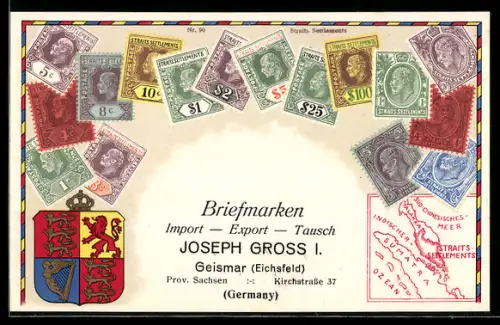 AK Briefmarken Straits Settlements, Wappen, Landkarte, Briefmarken Import, Export & Tausch Joseph Gross