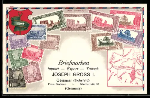 AK Briefmarken und Wappen aus Tunesien, Landkarte, Briefmarken Import, Export & Tausch Joseph Gross