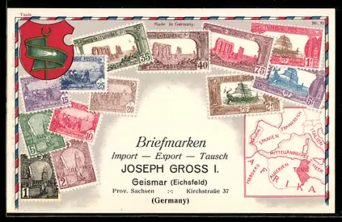 AK Briefmarken Tunesien, Wappen, Landkarte, Briefmarken Import, Export & Tausch Joseph Gross