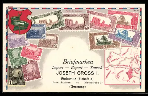 AK Tunesische Briefmarken und Wappen aus Tunesien, Briefmarken Import, Export & Tausch Joseph Gross