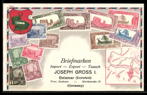 AK Briefmarken aus Tunesien, Landkarte, Wappen, Briefmarken Import, Export & Tausch Joseph Gross