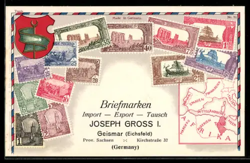 AK Briefmarken und Wappen aus Tunesien, Briefmarken Import, Export & Tausch Joseph Gross